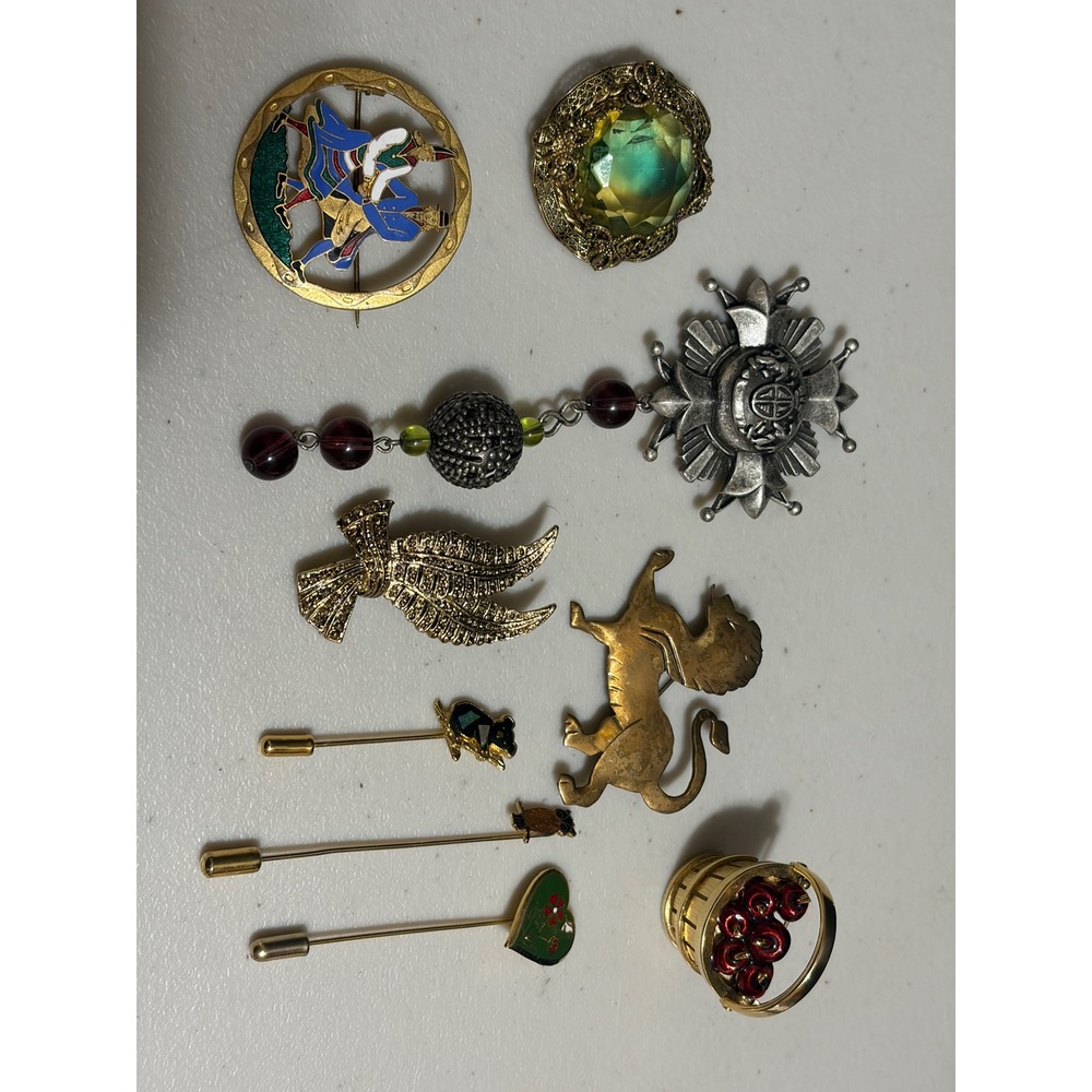Vintage Brooch Pin Lot 9pc Enamel Folk Dancers Lion Koala Glass Filigree Heart